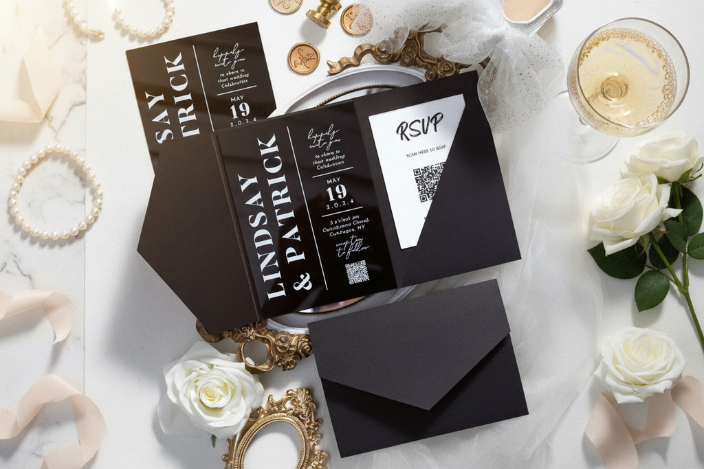 Black Acrylic Pocket Wedding Invitation | Modern Monochrome Invite with RSVP