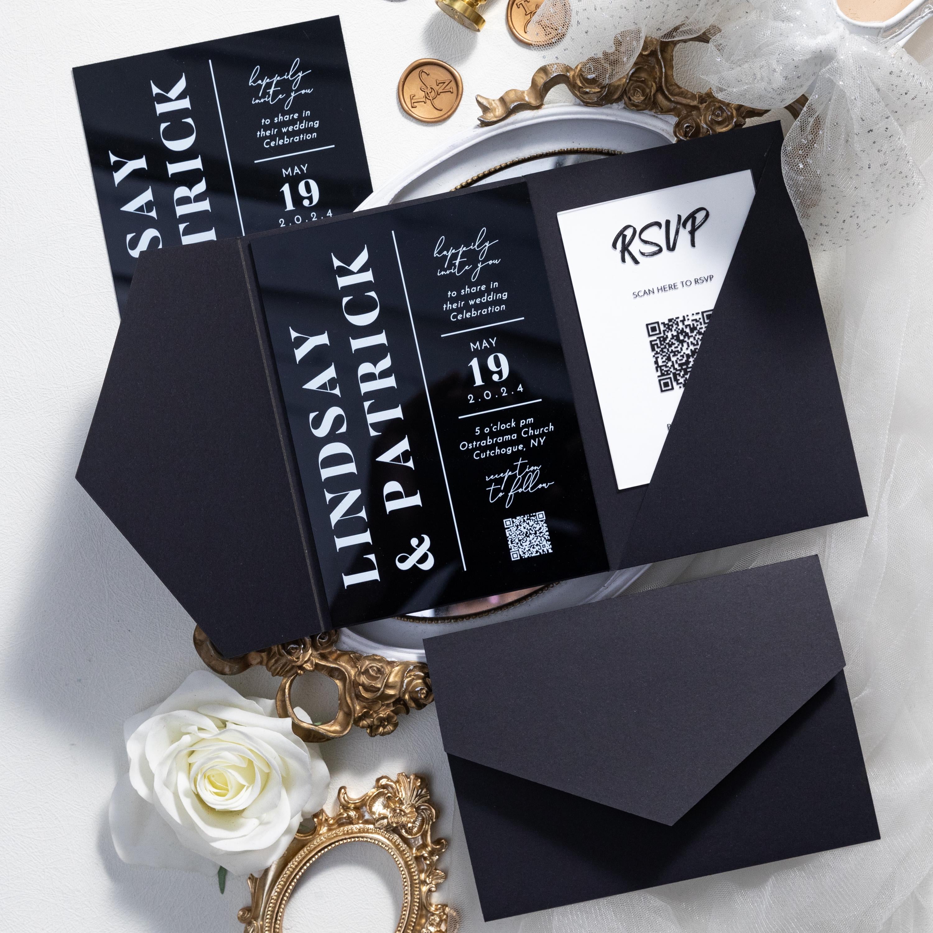 Black Acrylic Pocket Wedding Invitation | Modern Monochrome Invite with RSVP