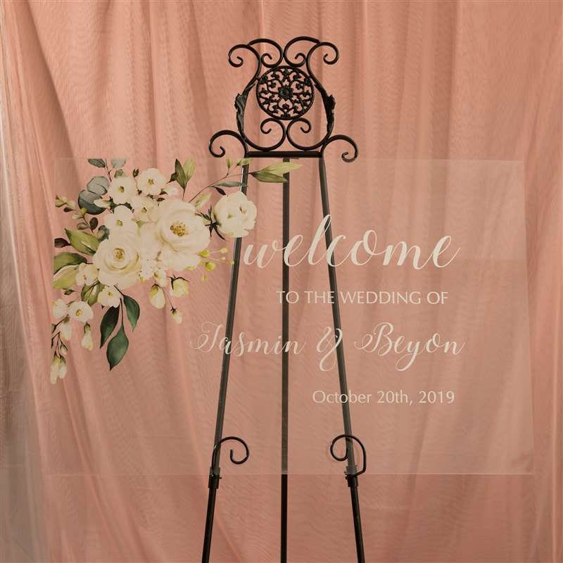 White Elegant Floral Acrylic Welcome Sign