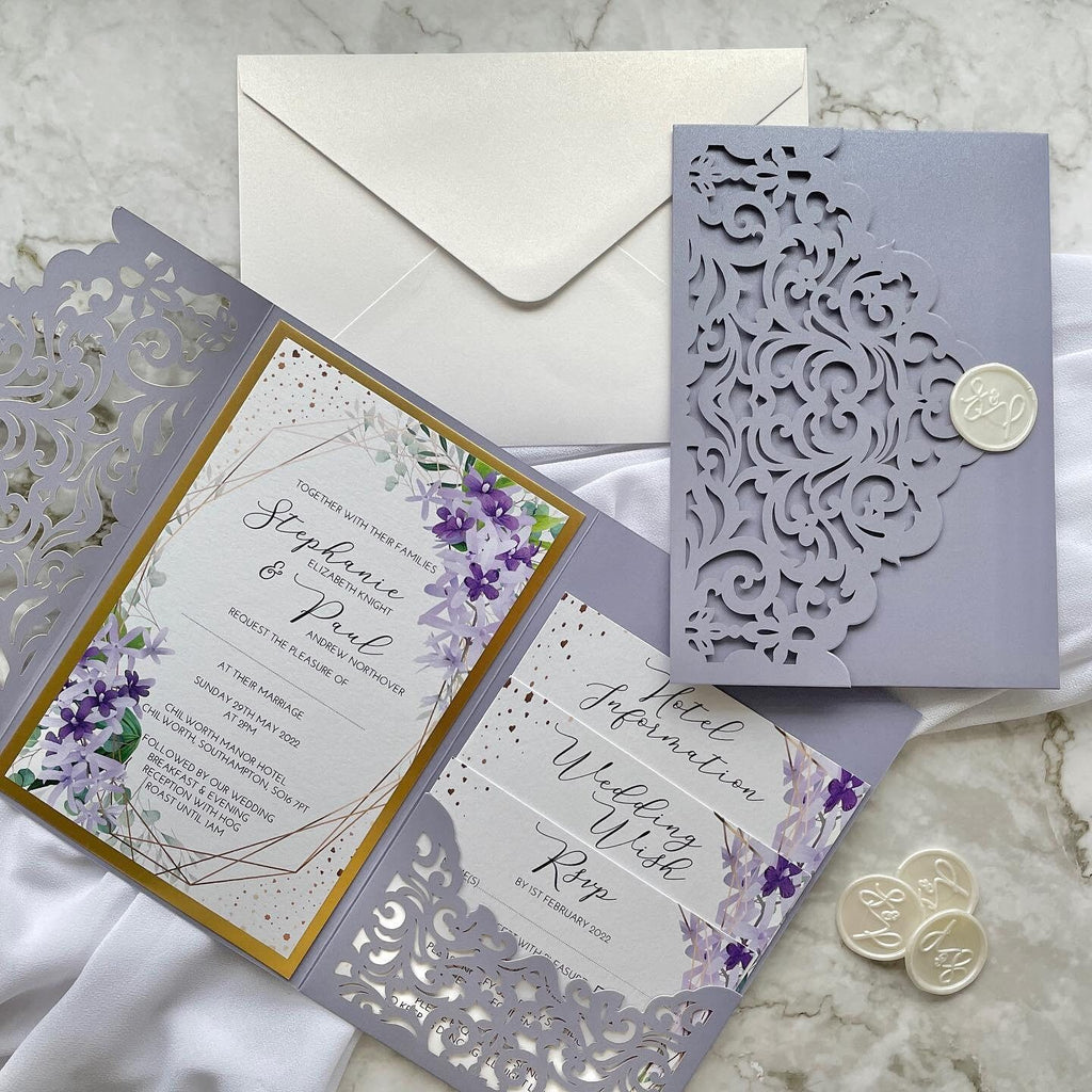 Lilac Purple Lasercut Wedding Invite | Gold Detail, Floral Inserts
