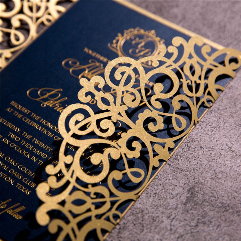 Gold Lasercut Wedding Invitation, Navy Bellyband & Gold Foiling