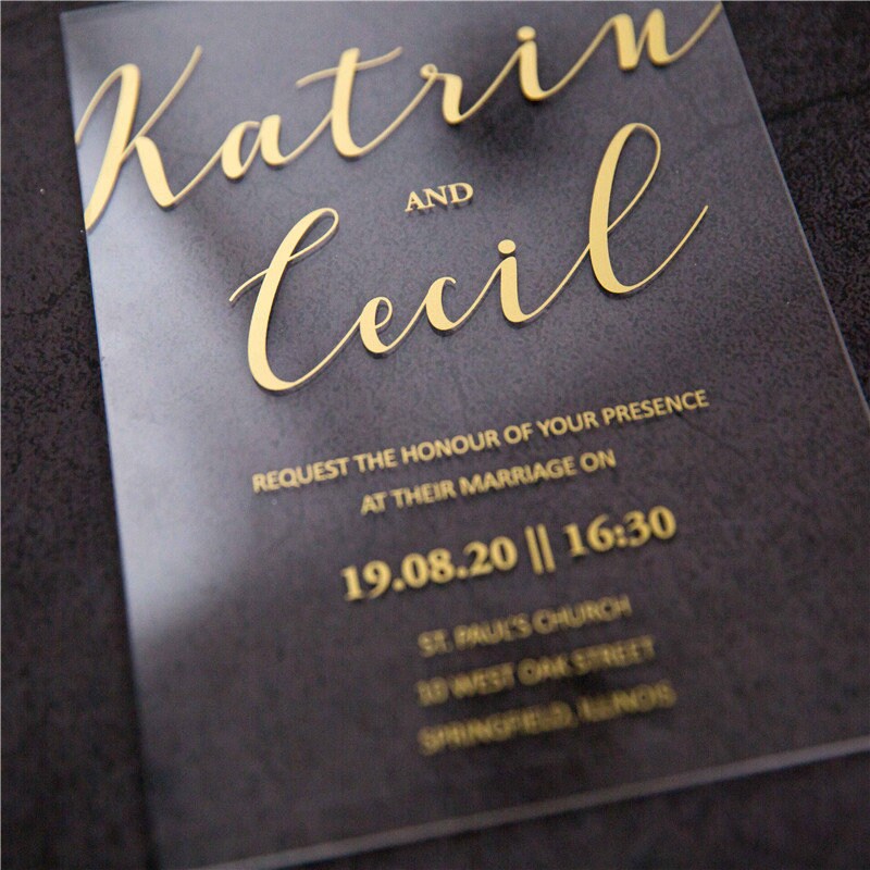 Acrylic Gold Wedding Invitation, Clear Perspex Invite