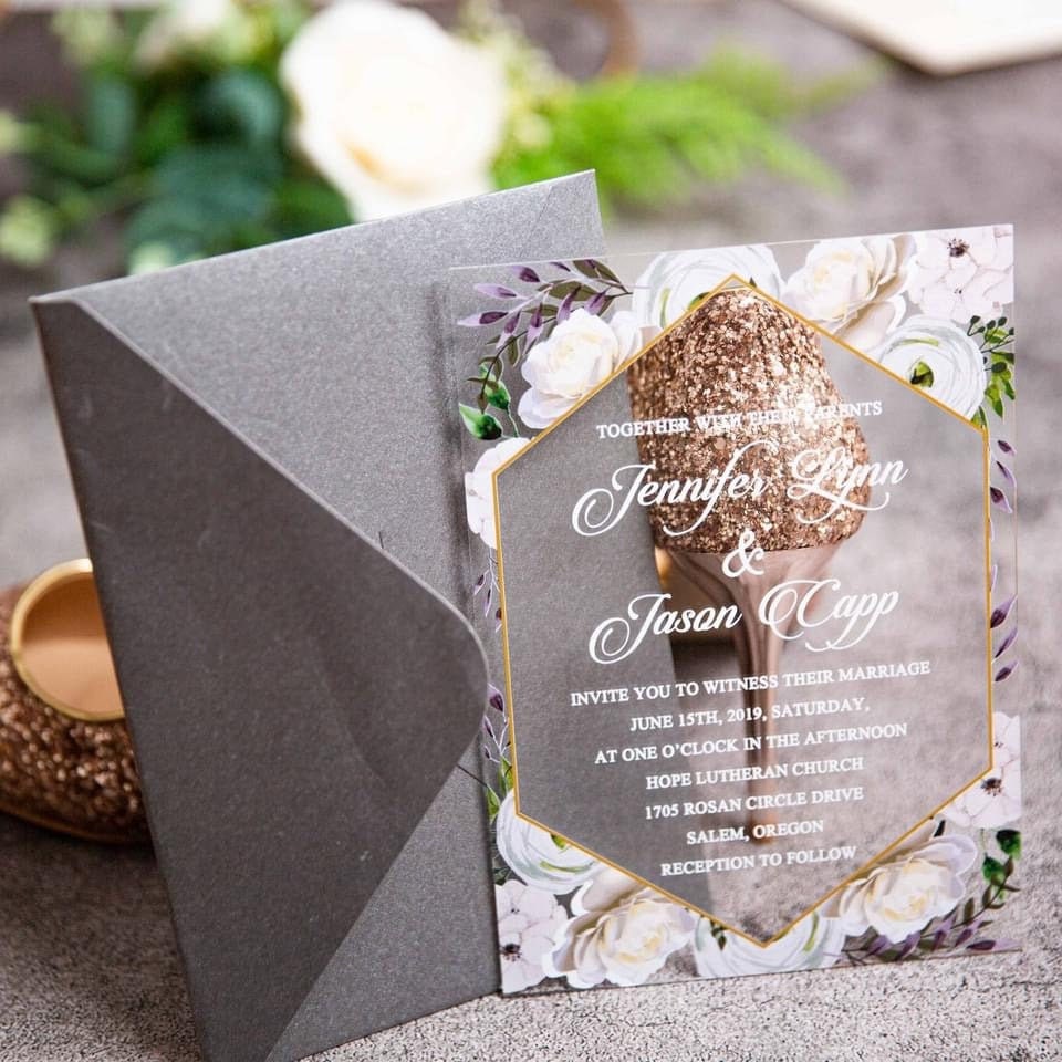 Floral Acrylic Wedding Invitation, Lavender & White Flowers