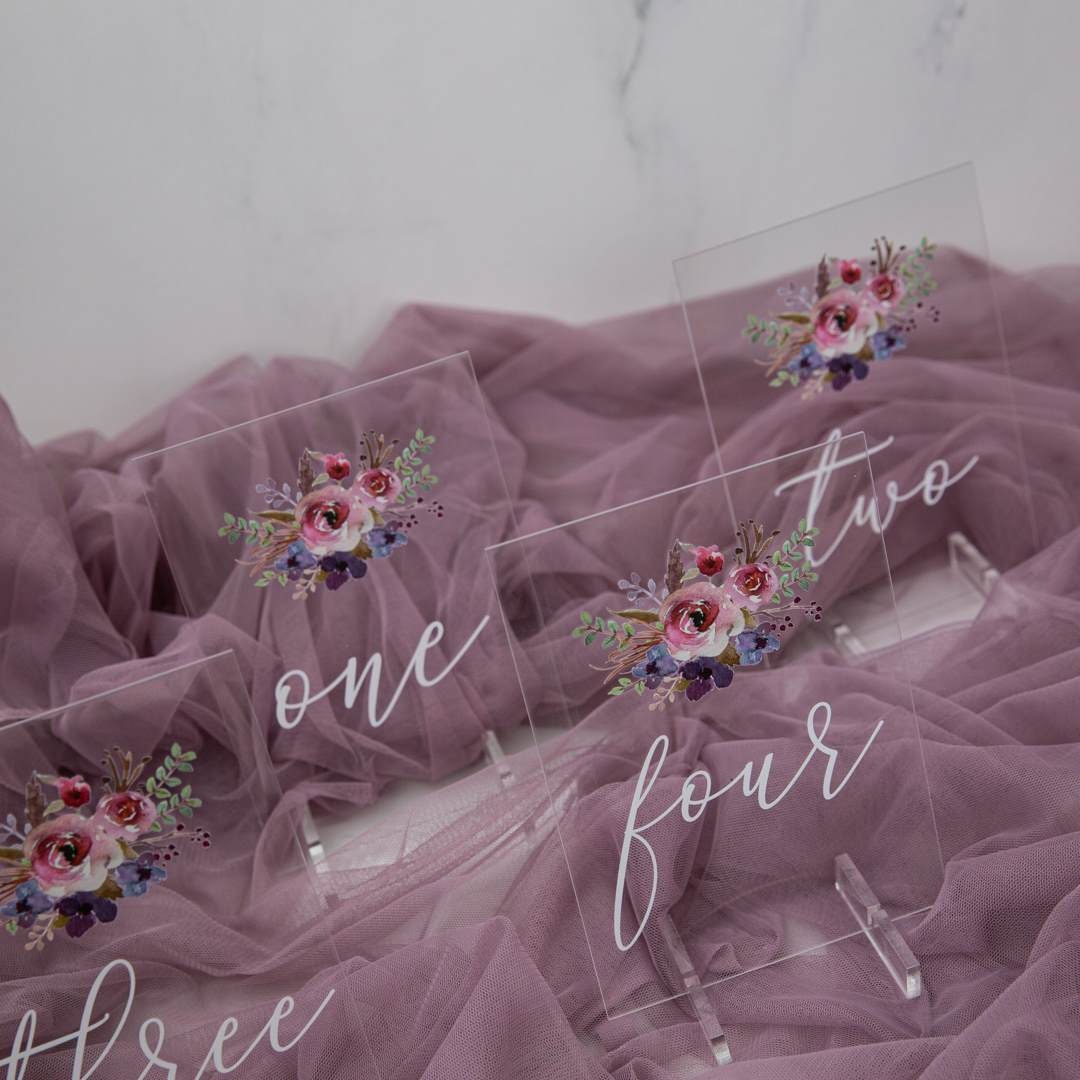 Floral Acrylic Wedding Table Number, Painted Purple & Pink