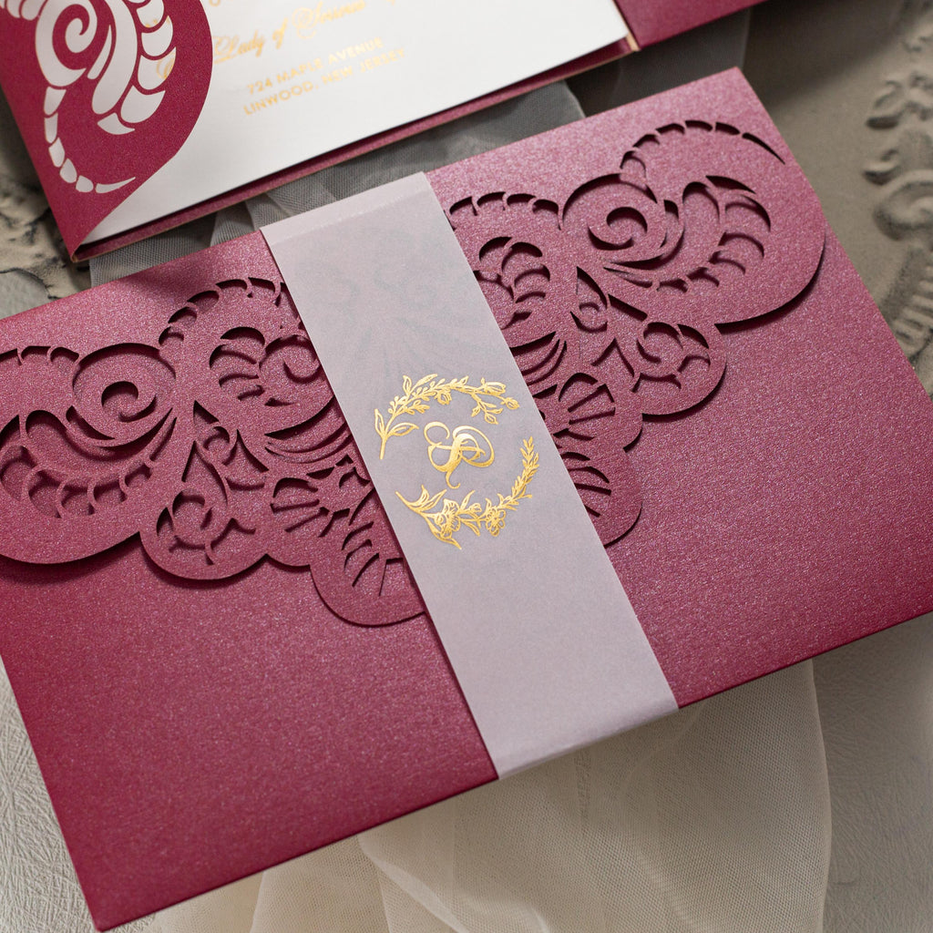 Elegant Burgundy Lasercut Pocketfold with Foil Detailing