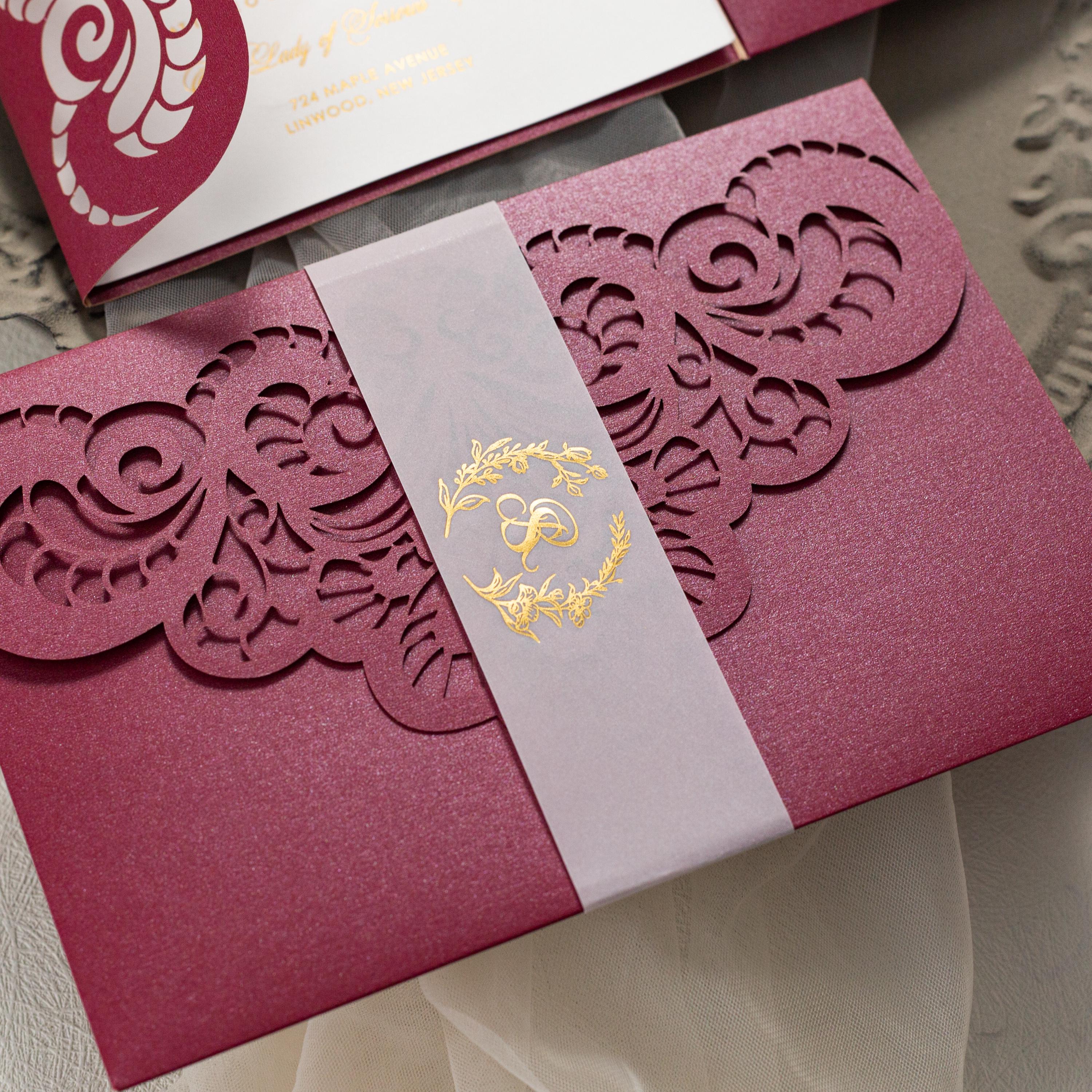 Burgundy Lasercut Wedding Invite with Gold Foil Bellyband