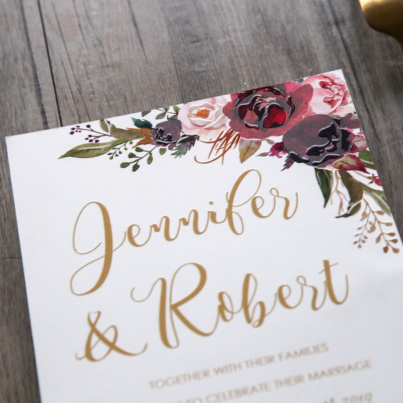 UV Printed Burgundy Floral Wedding Invitation, RSVP Set