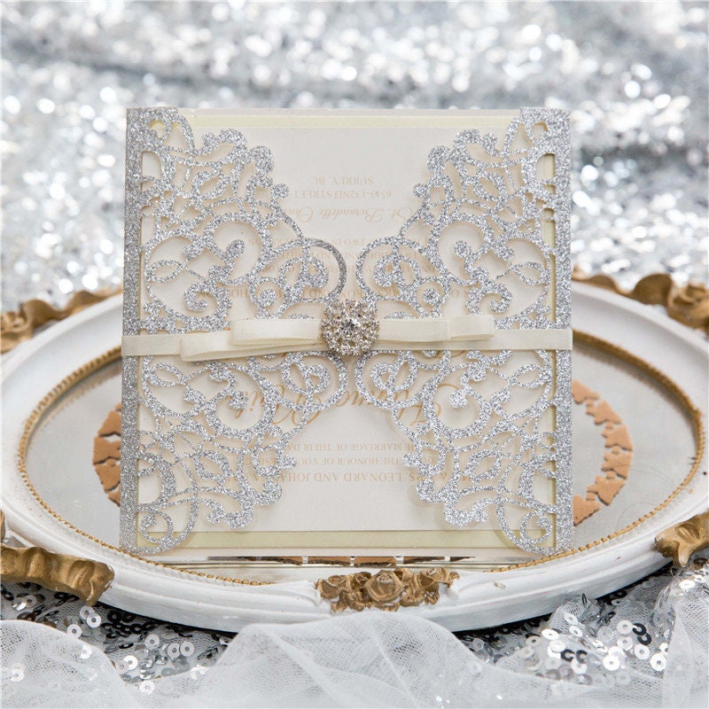 Silver Glitter Gatefold Lasercut Wedding Invitation with Diamanté Detail Embellishment & Ivory Ribbon