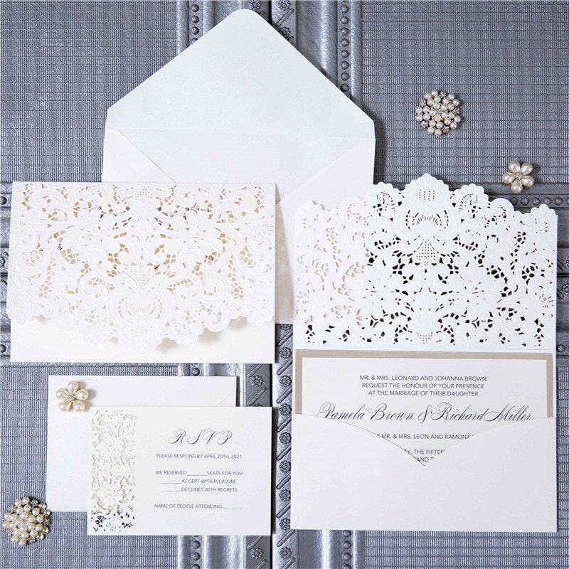 Laser Cut Wedding Invitation, Ivory Embossed Design