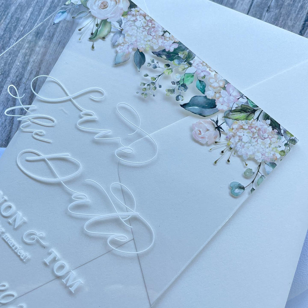 Floral Acrylic Save The Date | White Ink, Shimmer Envelope