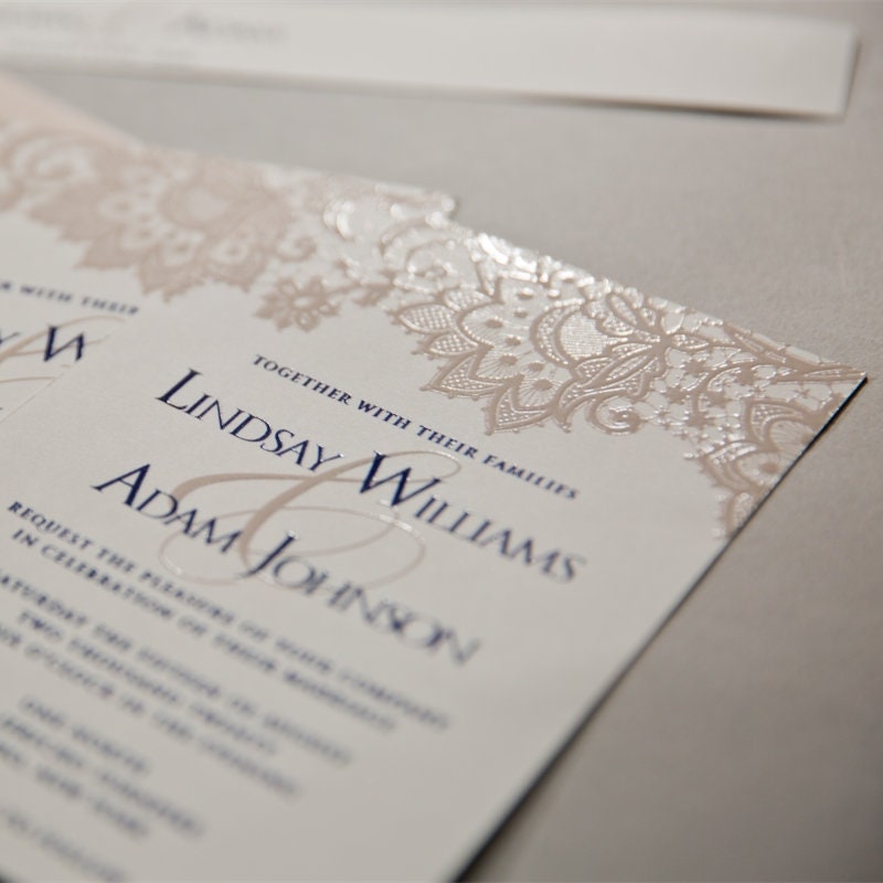 UV Printed Lace Wedding Invitation, Blush & Navy, Custom Suite