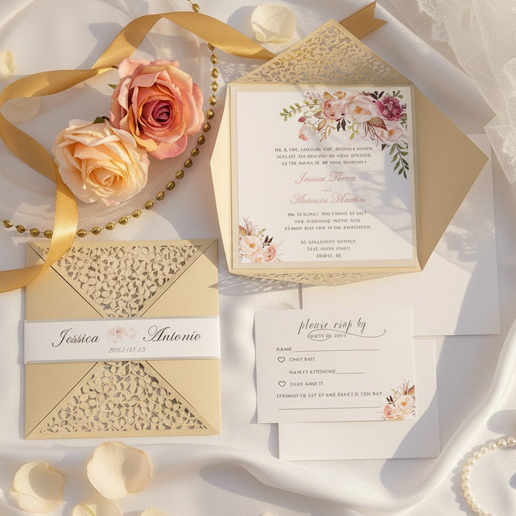 Laser Cut Floral Wedding Invitation Suite, Gold Shimmer