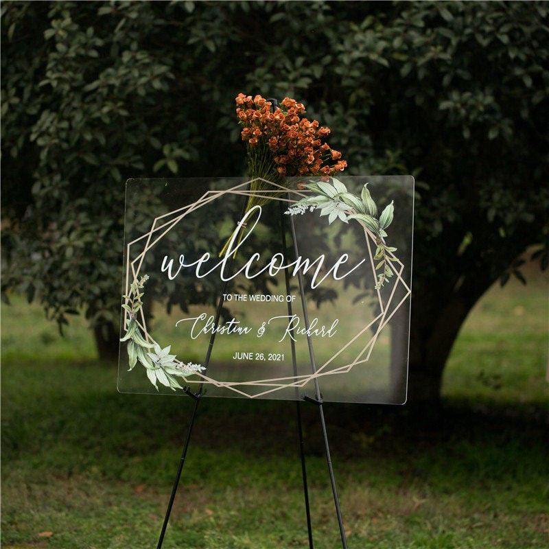 Geometric Foliage Calligraphy Acrylic Wedding Sign