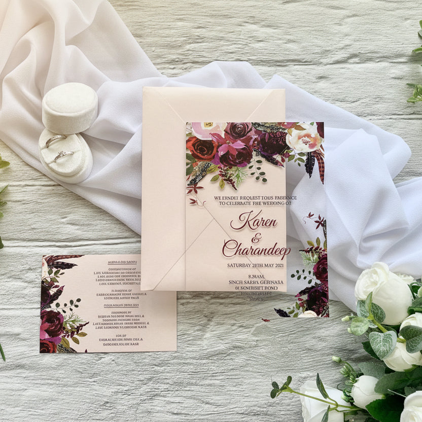 Floral Acrylic Wedding Invitation Suite, Burgundy and Blush with matching insert