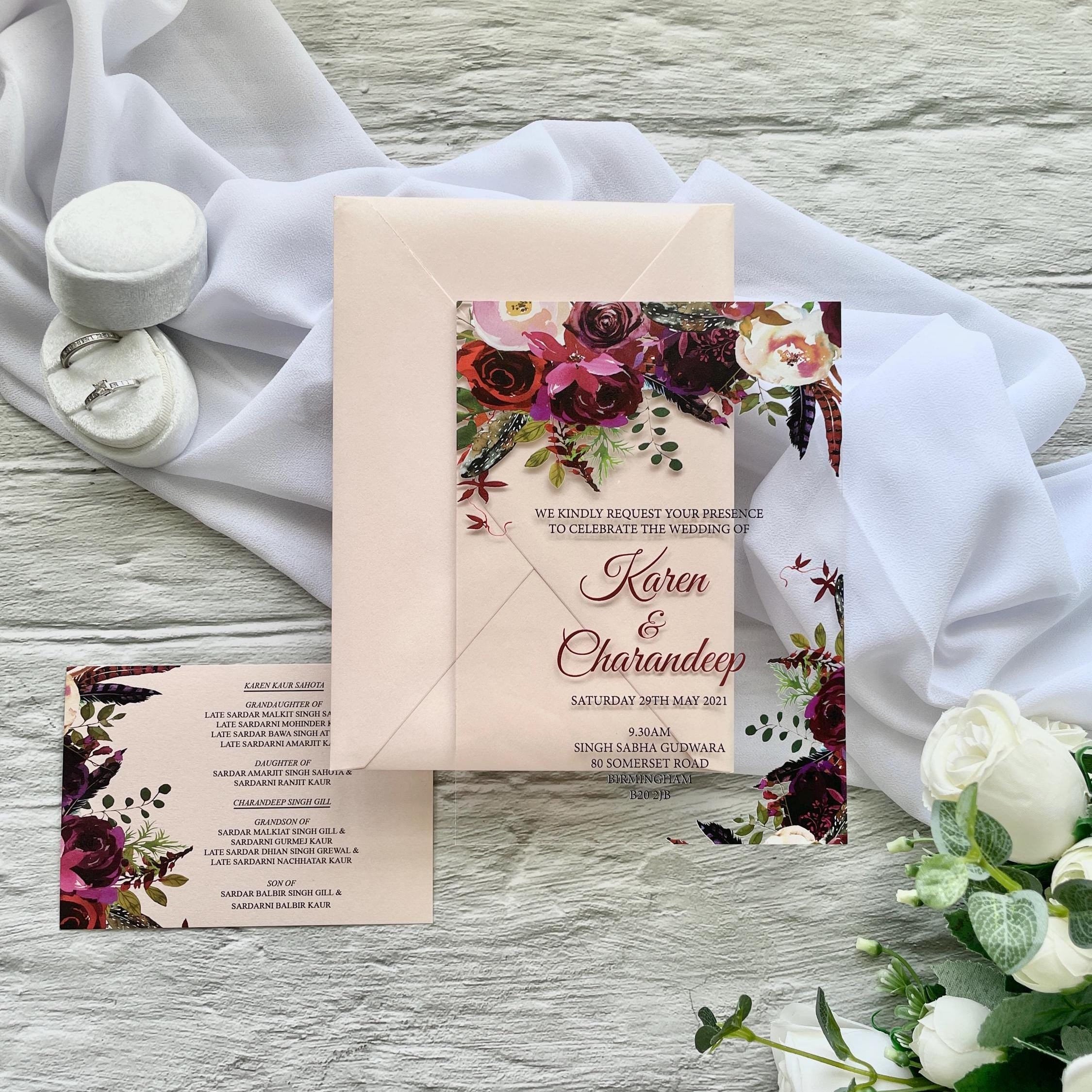 Floral Acrylic Wedding Invitation Suite, Burgundy and Blush
