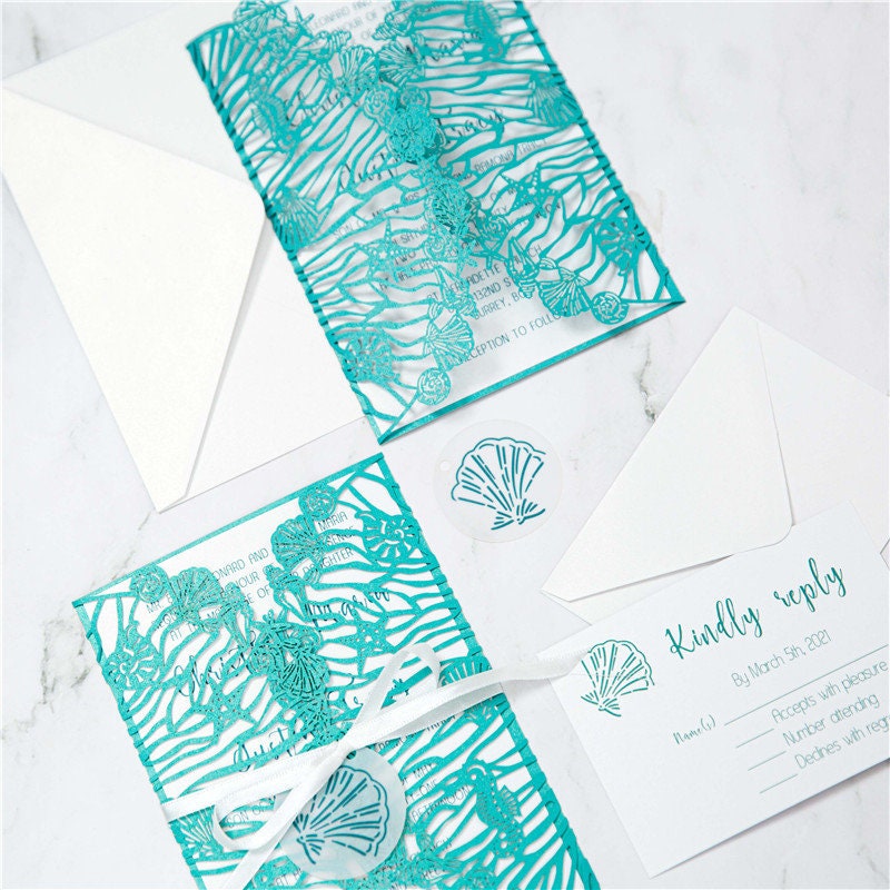 Beach Shell Laser Cut Wedding Invitation, Teal Shimmer