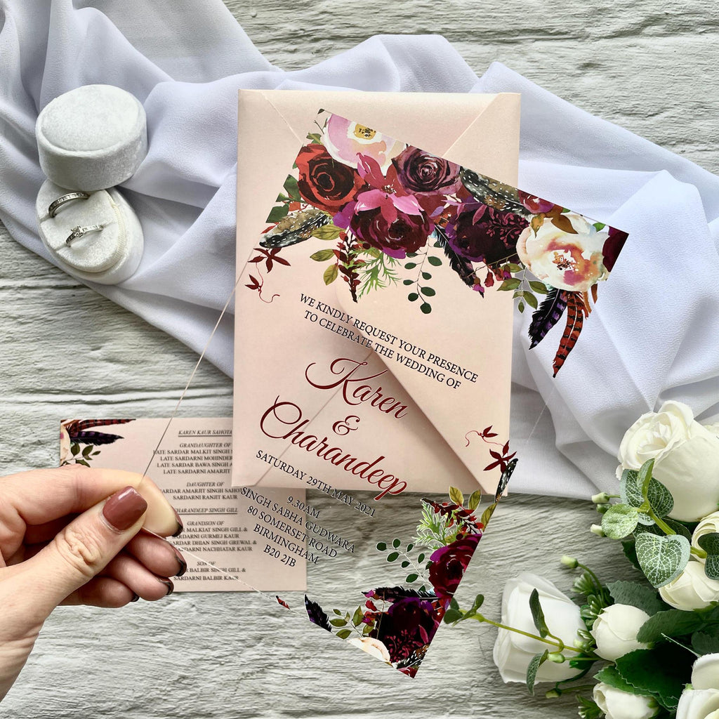 Floral Acrylic Wedding Invitation Suite, Burgundy and Blush with matching insert