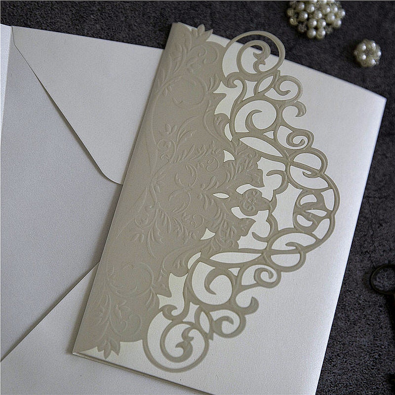 Laser Cut Wedding Invitation, Ivory Embossed Shimmer Card