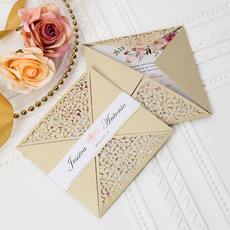 Laser Cut Floral Wedding Invitation Suite, Gold Shimmer
