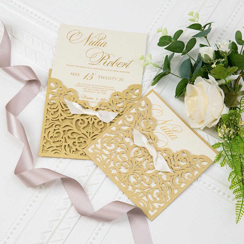 Gold Pocket Wedding Invitation with Gold Foiling Detailing and Ivory Ribbon Finish