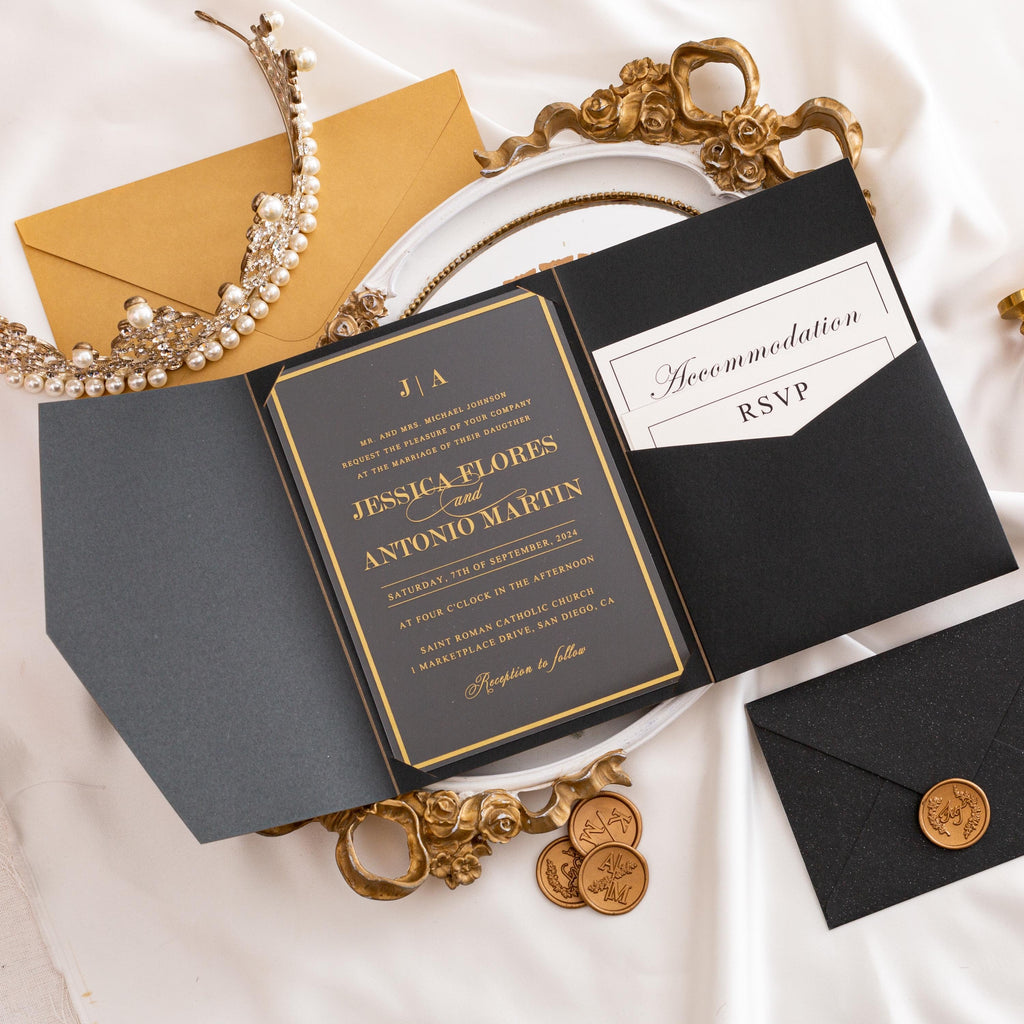 Black & Gold Acrylic Wedding Invitation | Pocketfold Envelope, Wax Seal