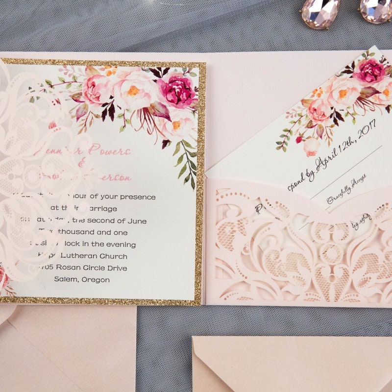 Rose Gold Glitter Floral Laser Cut Wedding Invitation Suite