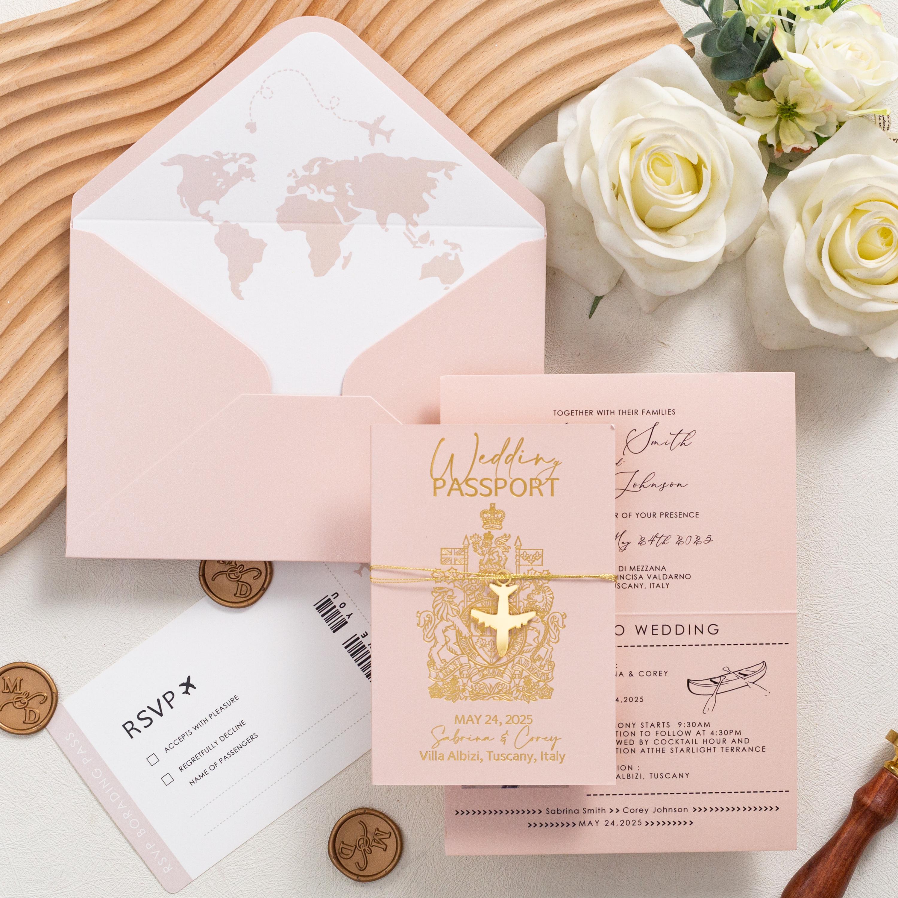 Destination Wedding Invitation: Passport with Gold Foil Airplane