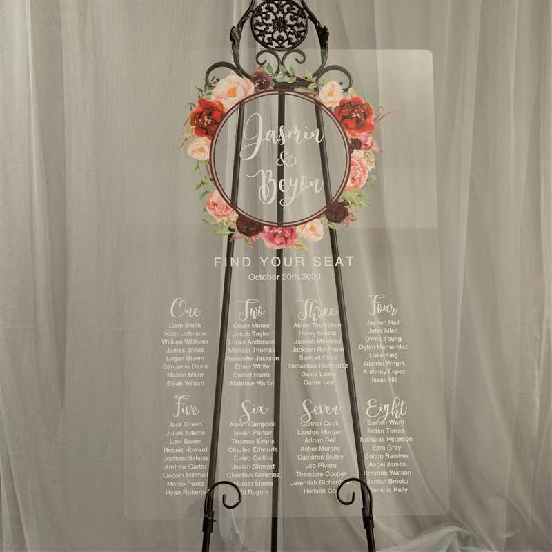 Burgundy Floral Acrylic Wedding Seating Chart, Calligraphy Sign