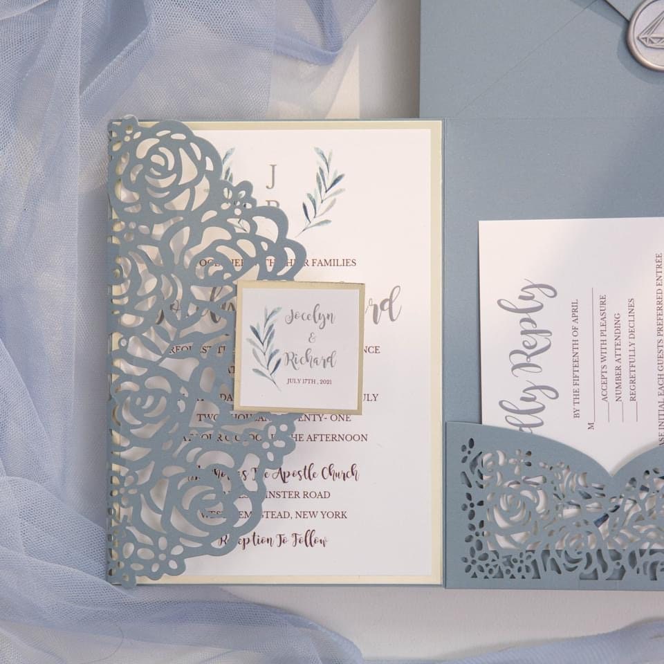 Dusty Blue Rose Lasercut Pocketfold Wedding Invitation with Silver Wax Seal & RSVP Insert