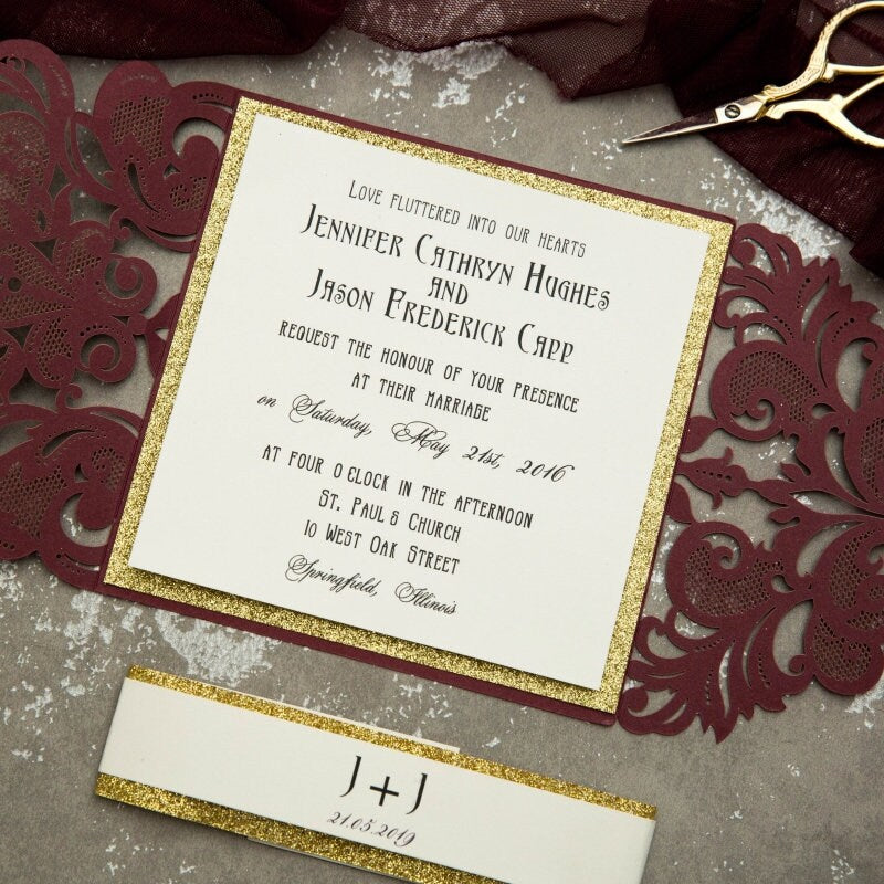 Burgundy & Gold Glitter Laser Cut Wedding Invitation Suite