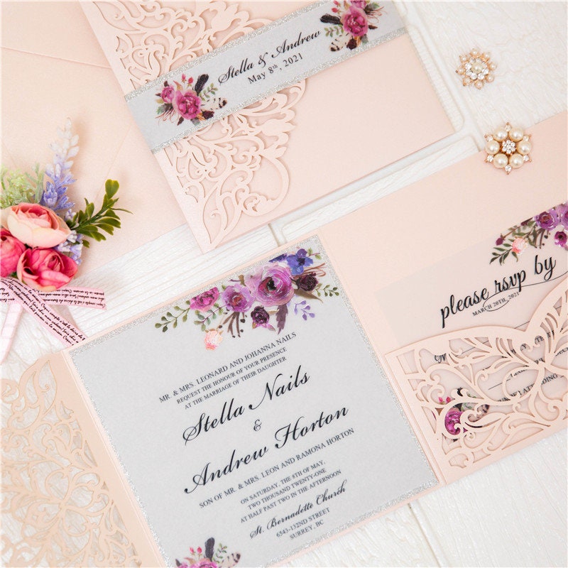 Vellum Laser Cut Wedding Invitation: Blush Floral, Silver Glitter