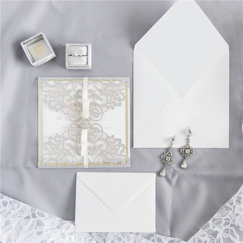 Silver Glitter Gatefold Lasercut Wedding Invitation with Diamanté Detail Embellishment & Ivory Ribbon