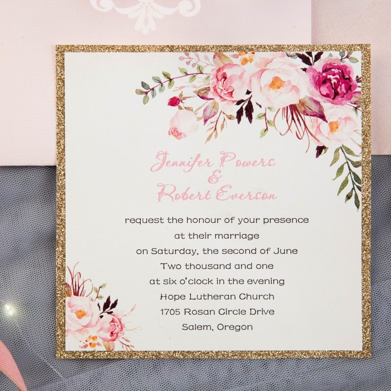Rose Gold Glitter Floral Laser Cut Wedding Invitation Suite