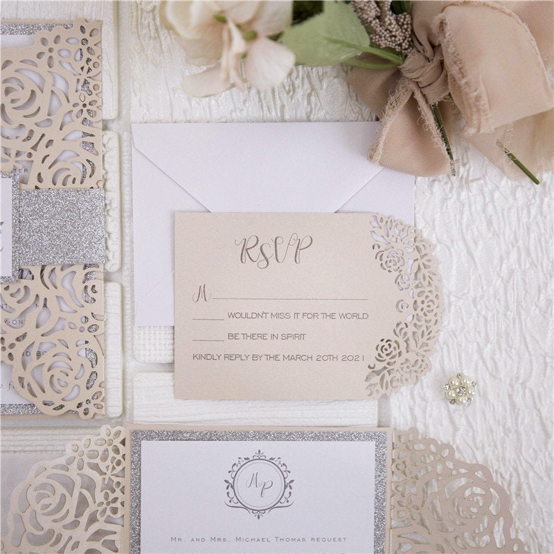 Blush & Silver Laser Cut Wedding Invitation, Glitter Belly Band