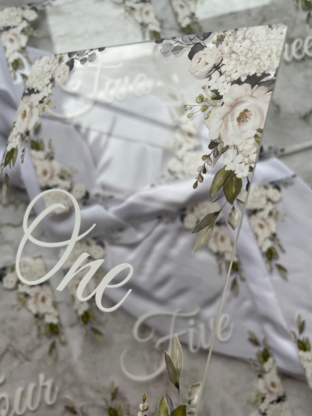 Elegant Floral Acrylic Wedding Table Numbers, Eucalyptus Design