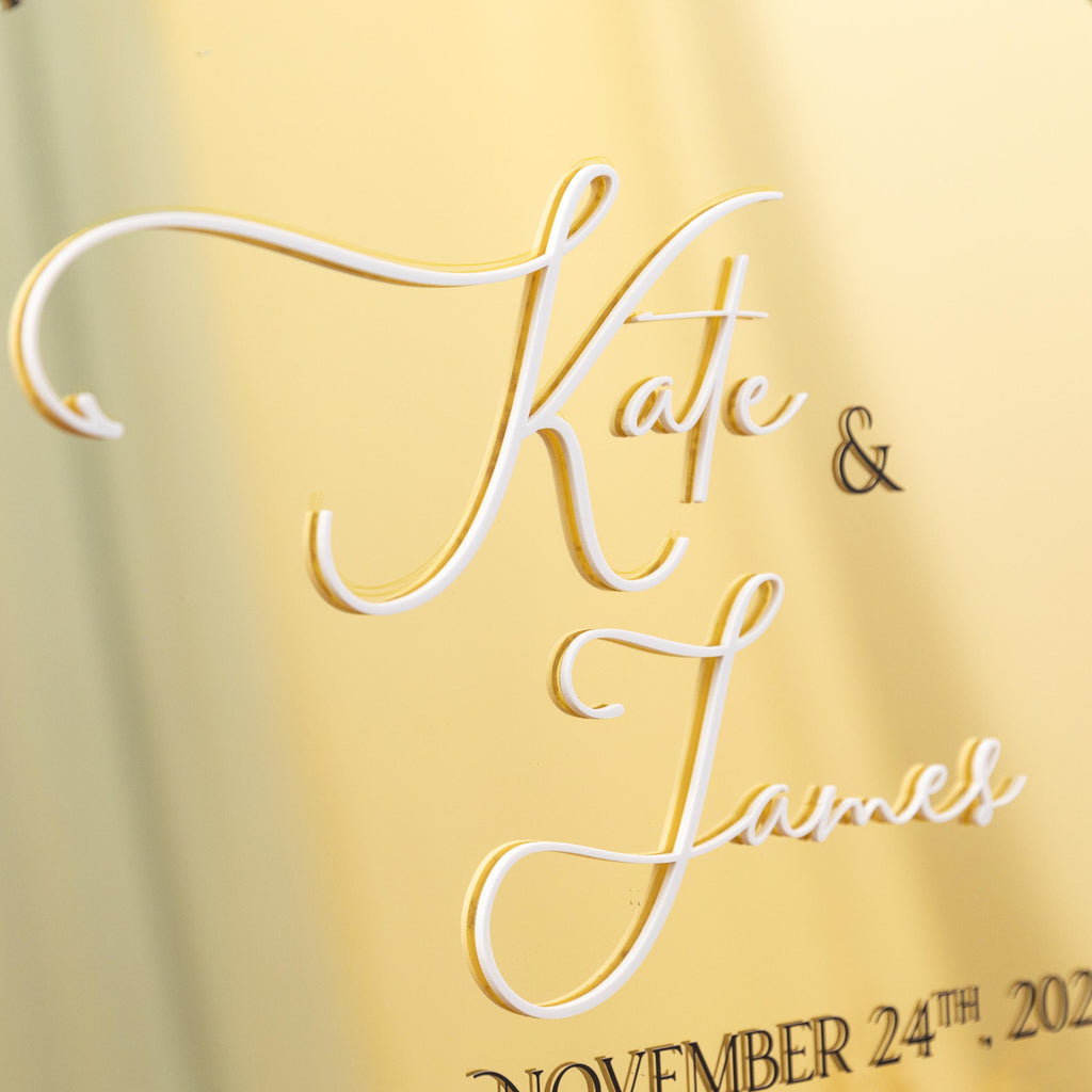 Arch Gold Mirrored Acrylic Wedding Table Plan with White Acrylic 3D Lettering