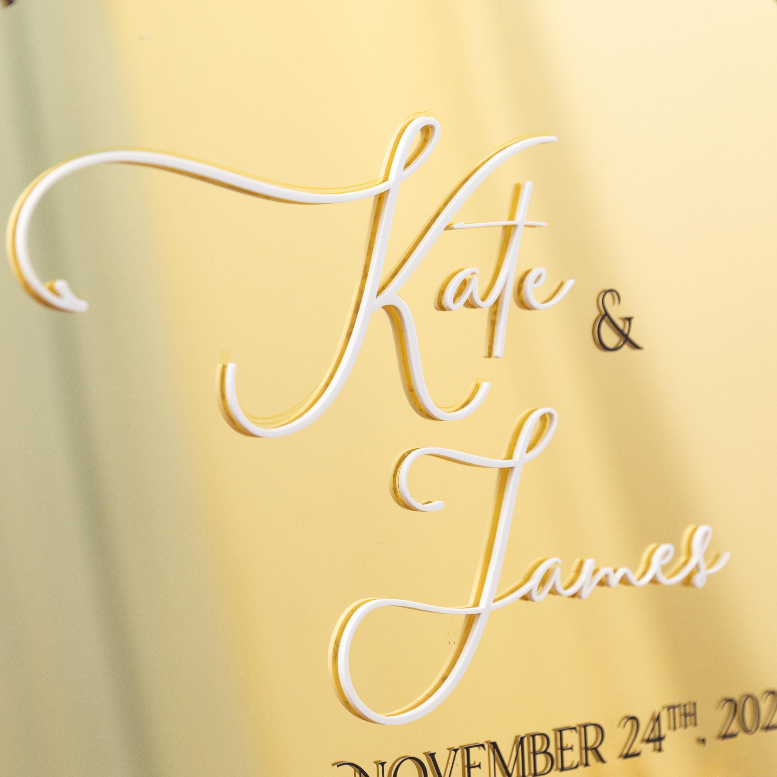 Arch Gold Mirrored Acrylic Wedding Table Plan with White Acrylic 3D Lettering