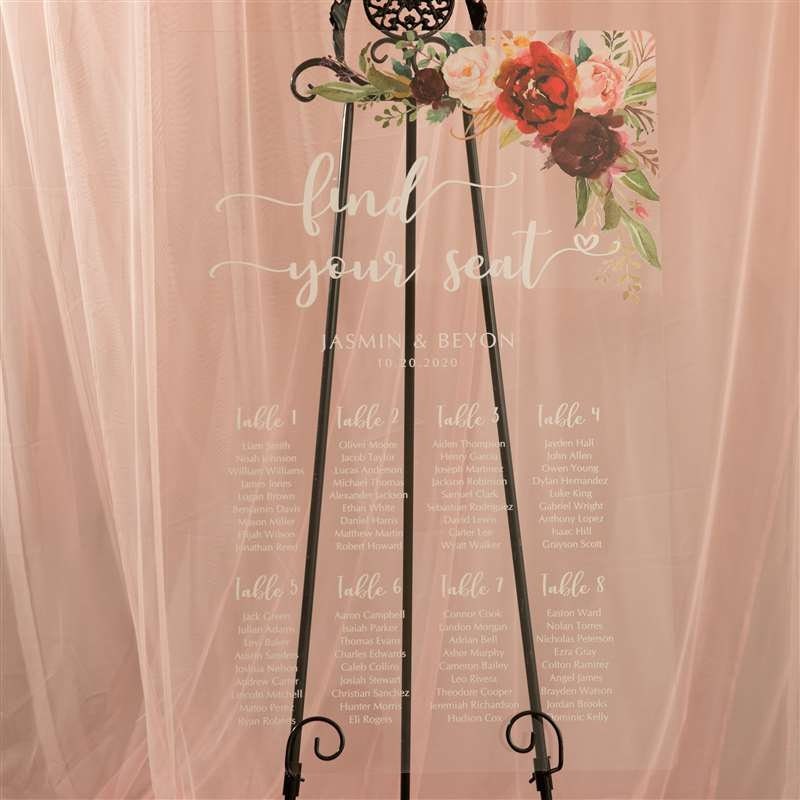 Burgundy Floral Acrylic Wedding Seating Plan Sign