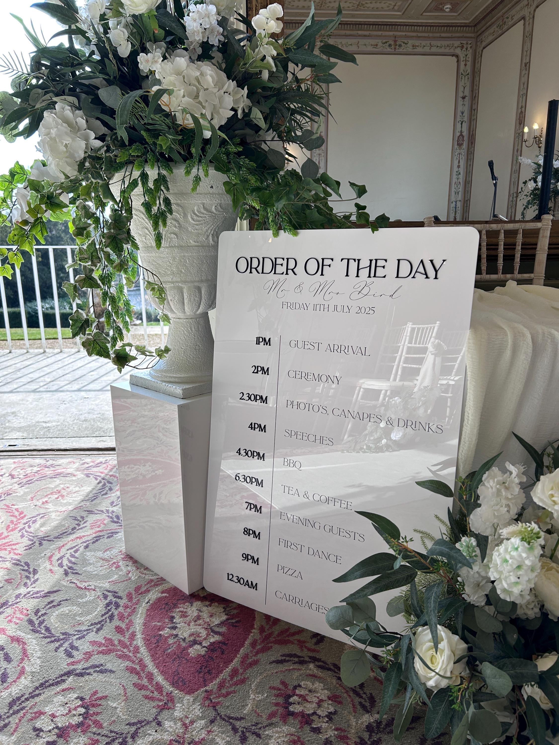 Monochrome Modern Black and White Wedding Order of the Day Signage with 3D Lettering