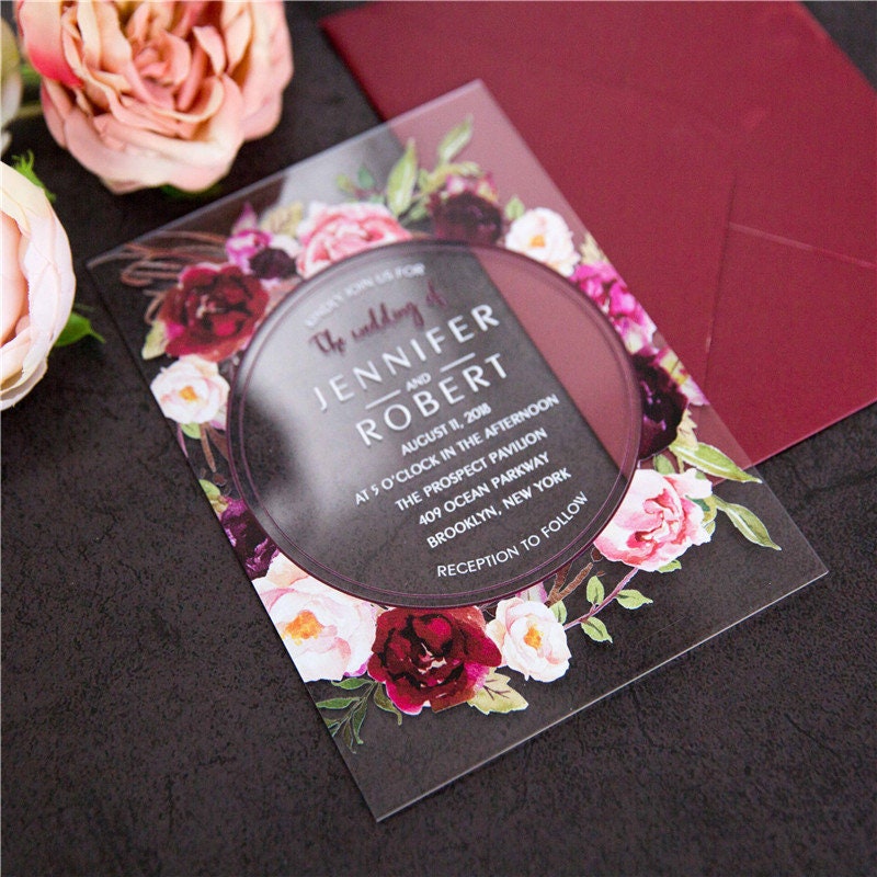 Acrylic Clear Burgundy Red Floral Wreath Wedding Invitation