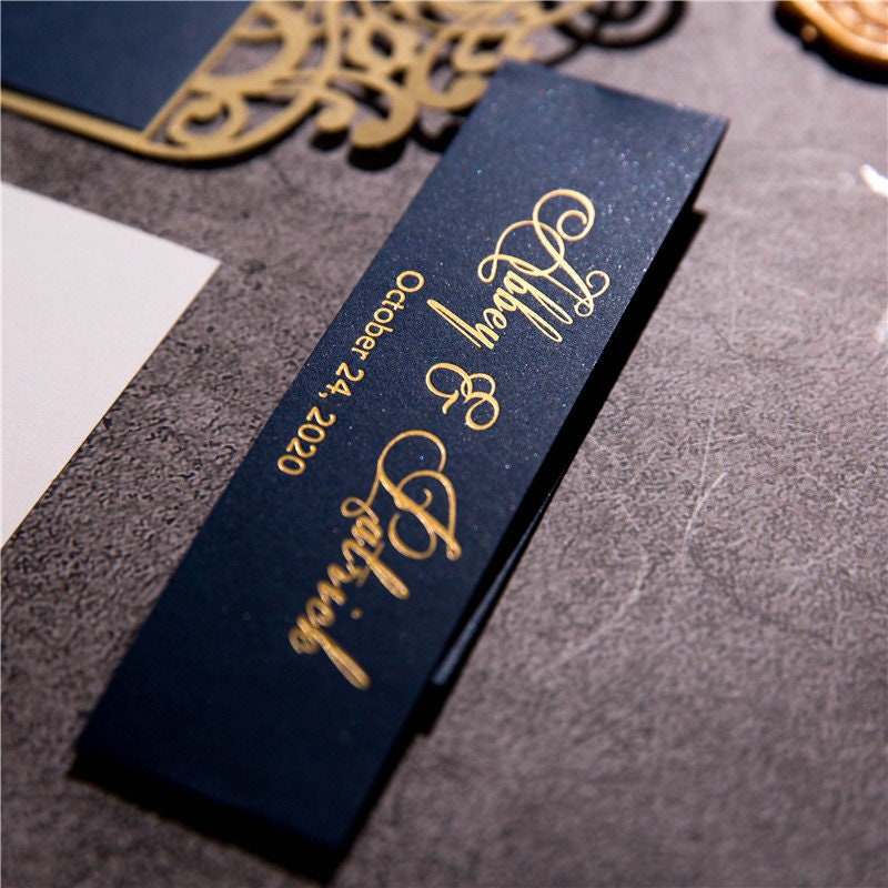 Gold Lasercut Wedding Invitation, Navy Bellyband & Gold Foiling