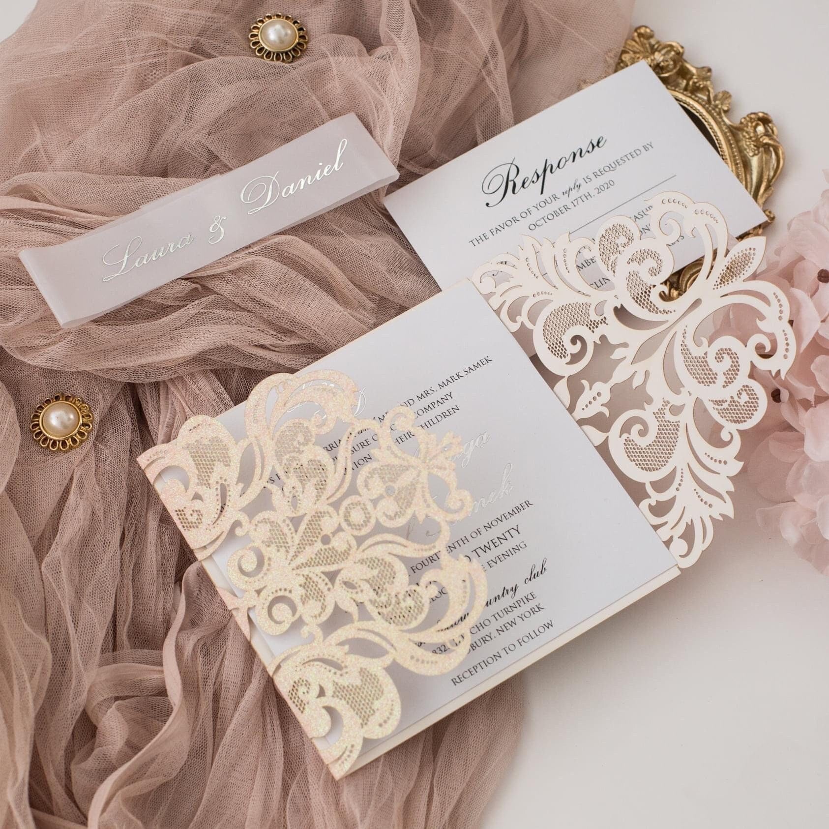 Blush Glitter Wedding Invitation: Silver Foil, Vellum Bellyband