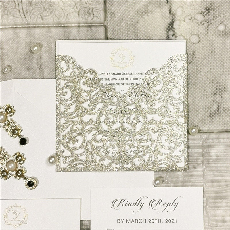 Champagne Gold Pocket Wedding Invitation with Gold Foiled Motif Detailing