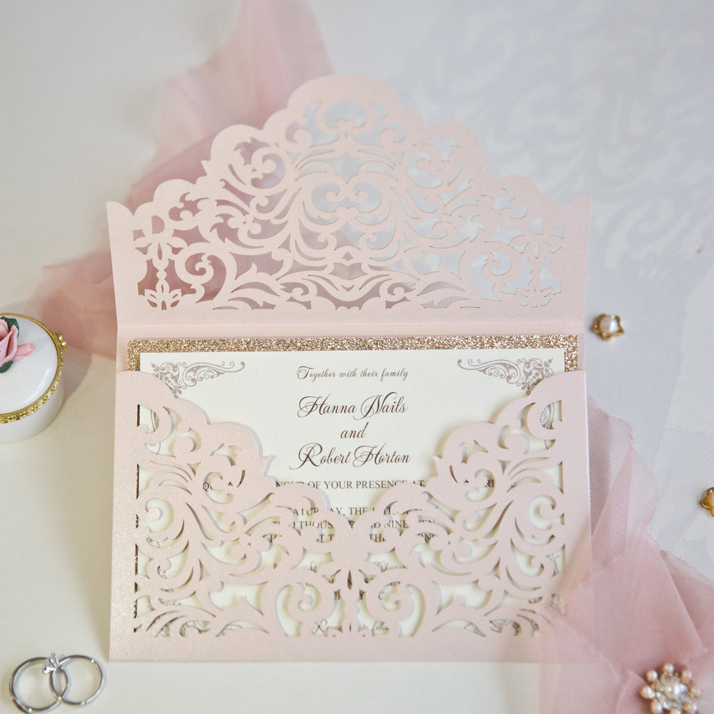 Blush Pink & Rose Gold Glitter Lasercut Envelope Wedding Invitation