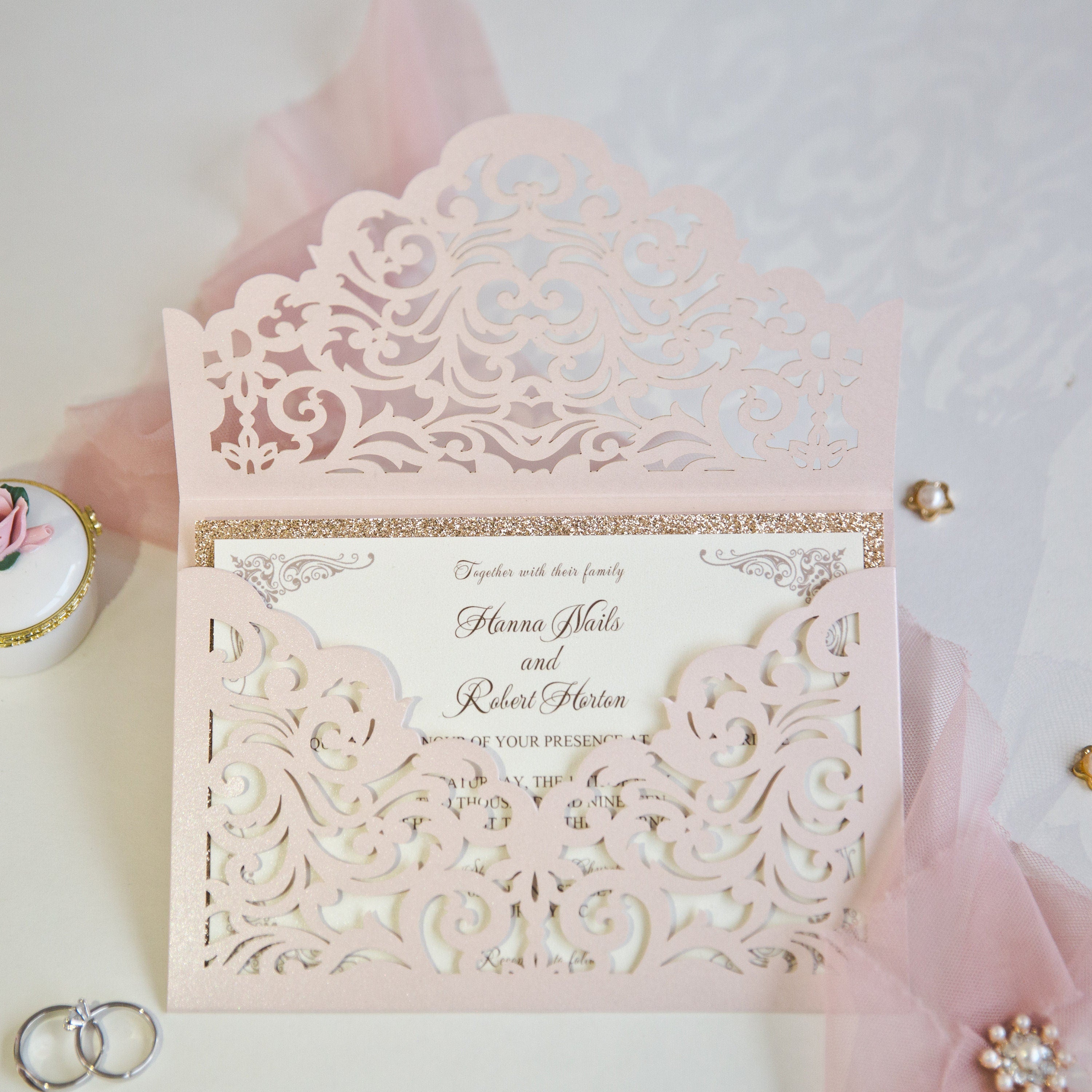 Blush Pink & Rose Gold Glitter Lasercut Envelope Wedding Invitation