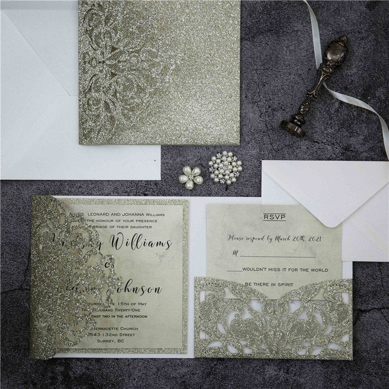 Champagne Gold Glitter Pocket fold Lasercut Wedding Invitation