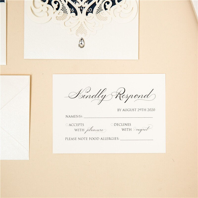 Ivory & Navy Lasercut Wedding Invite with Silver Foil Detailing