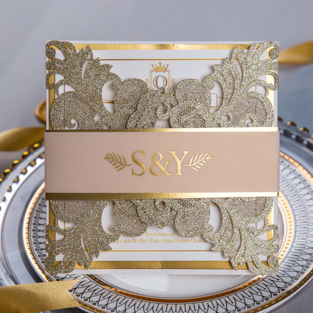 Gold Foil & Gold Glitter Sparkle Lasercut Wedding Invitation with Vellum Bellyband Detailing