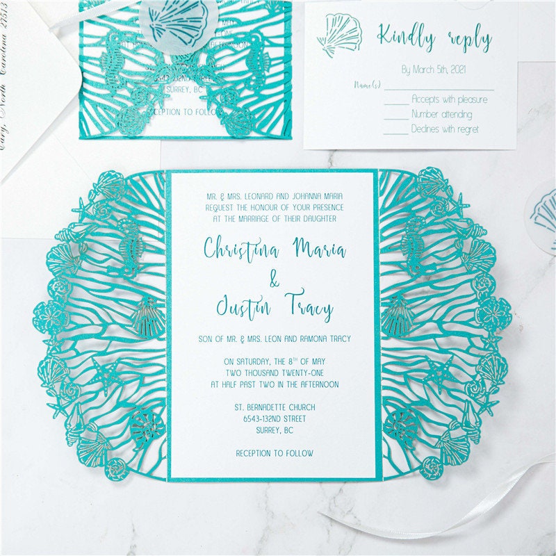Beach Shell Laser Cut Wedding Invitation, Teal Shimmer