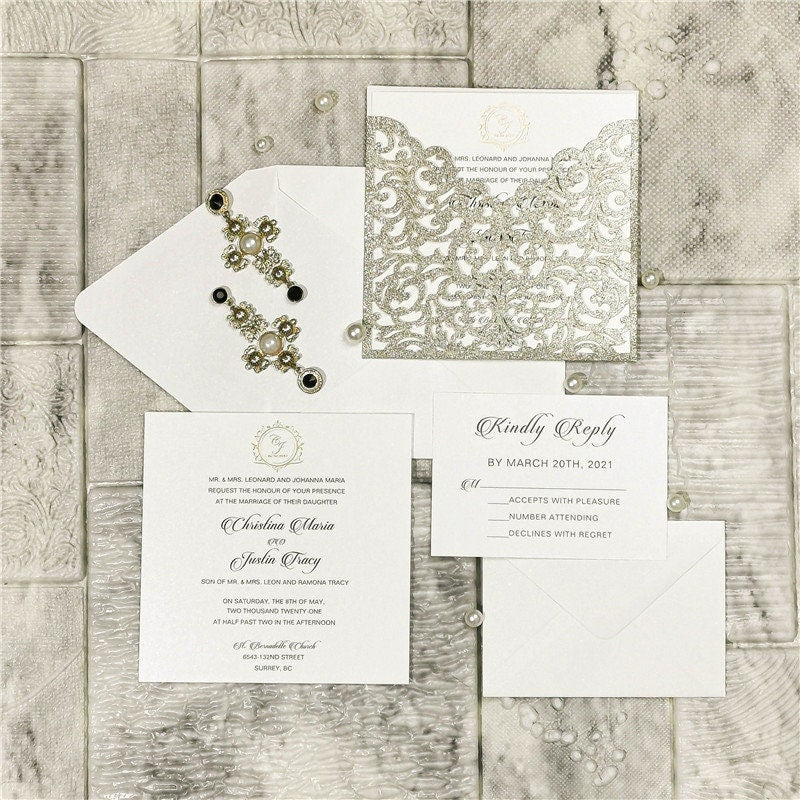 Champagne Gold Pocket Wedding Invitation with Gold Foiled Motif Detailing